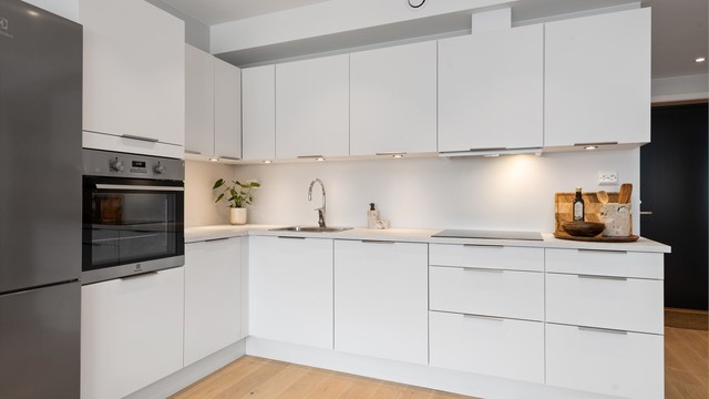 Moderne HTH-kjøkken med integrert stekeovn, nedfelt koketopp og oppvaskmaskin