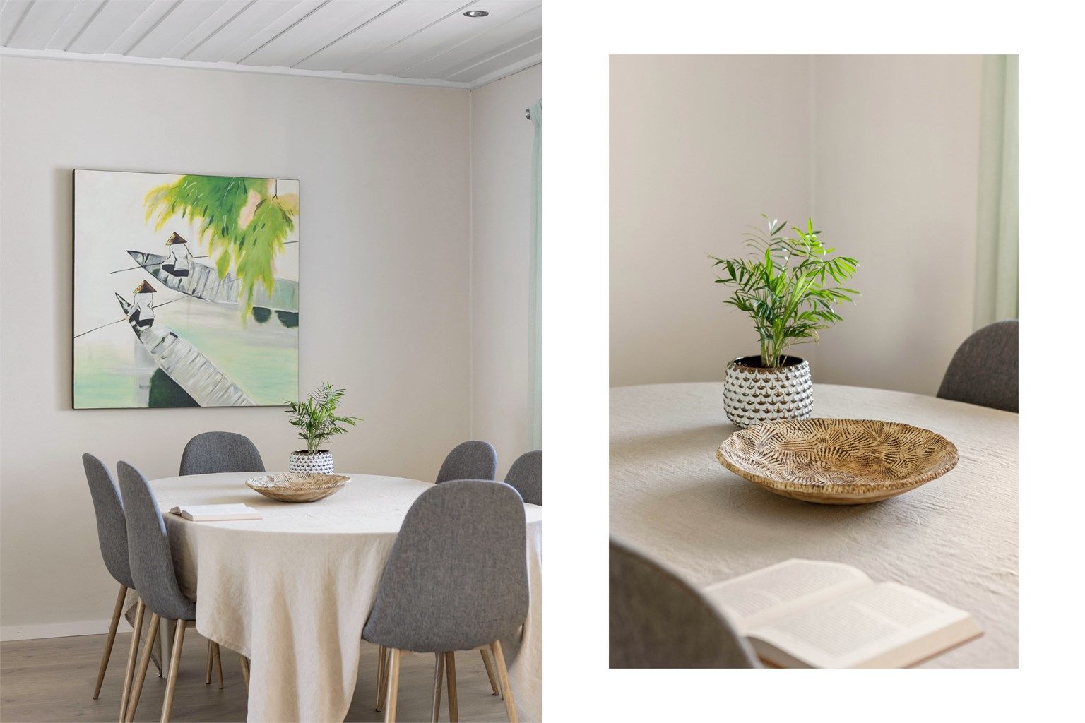 Stemningsfull detalj fra spiseplassen, hvor lyse overflater og store vindusflater skaper en luftig romfølelse.