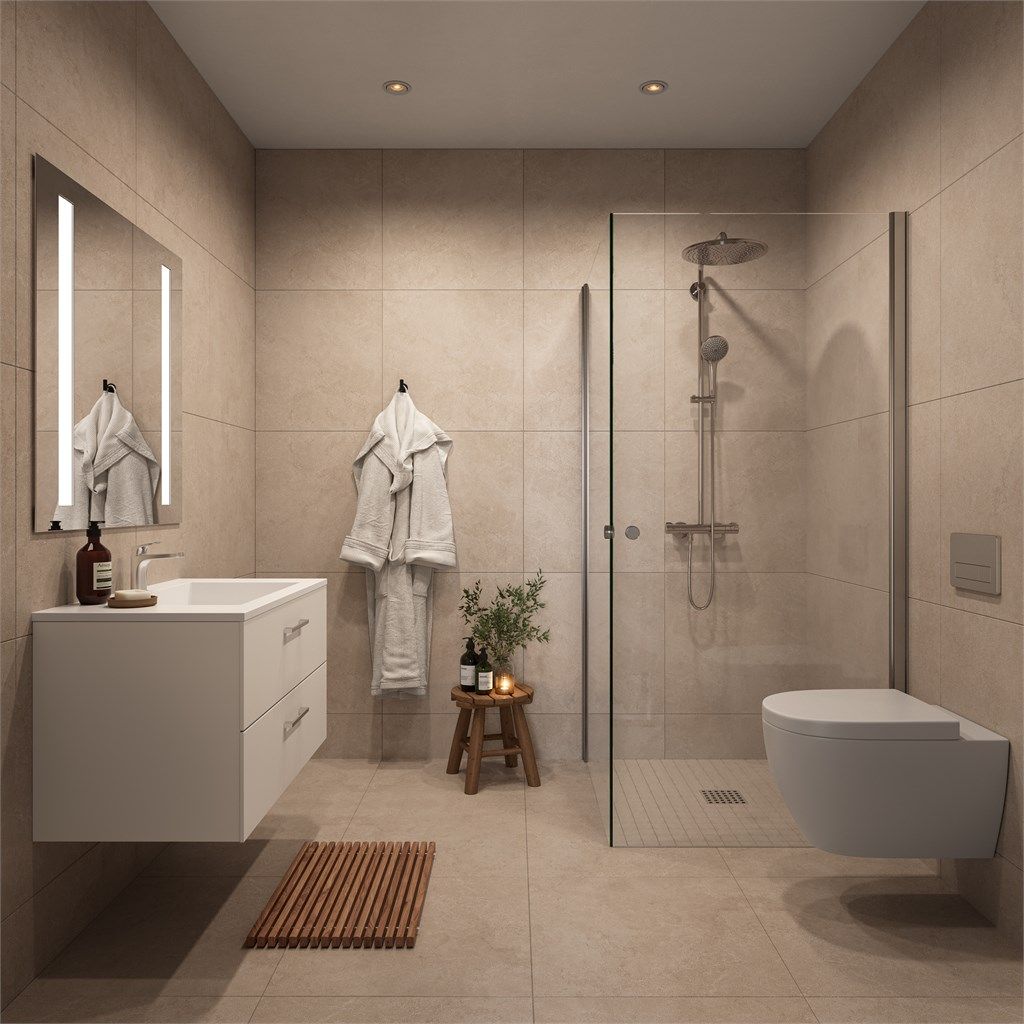 Eksempel på bad. Det blir levert 60 x 60 cm fliser som standard. Mosaikk/mindre fliser i dusjsonen. 