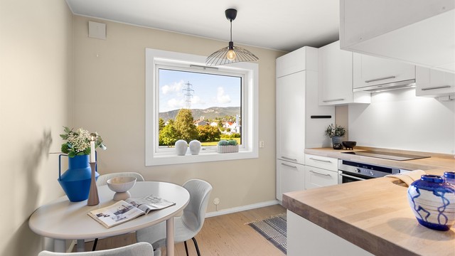 Pent kjøkken med innredning med profilerte fronter og benkeplate av tre med nedfelt kjøkkenvask