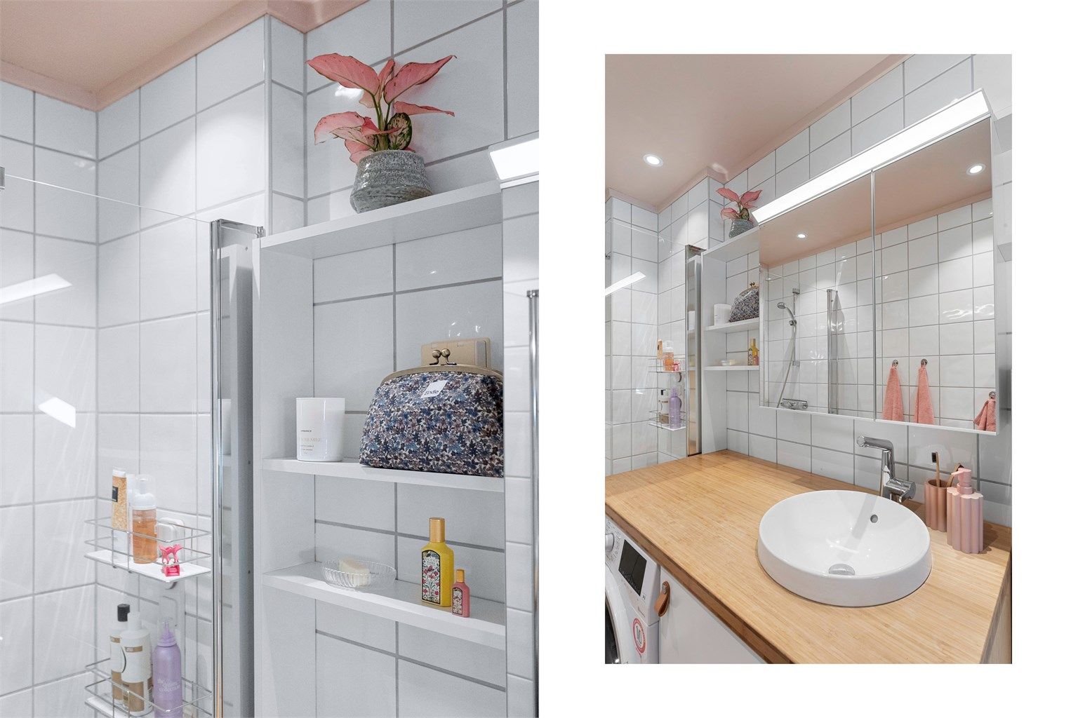 Eier har selv laget hyller på badet, og det elektriske anlegget, inkludert spotter og termostat for bad, er oppgradert av Boligelektrikeren