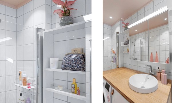 Eier har selv laget hyller på badet, og det elektriske anlegget, inkludert spotter og termostat for bad, er oppgradert av Boligelektrikeren