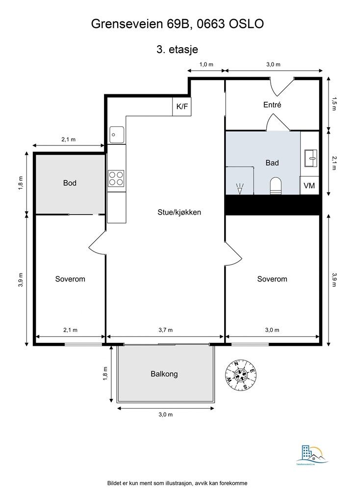 Leiligheten har en arealeffektiv planløsning med to soverom, en praktisk innvendig bod og åpen stue-kjøkkenløsning.