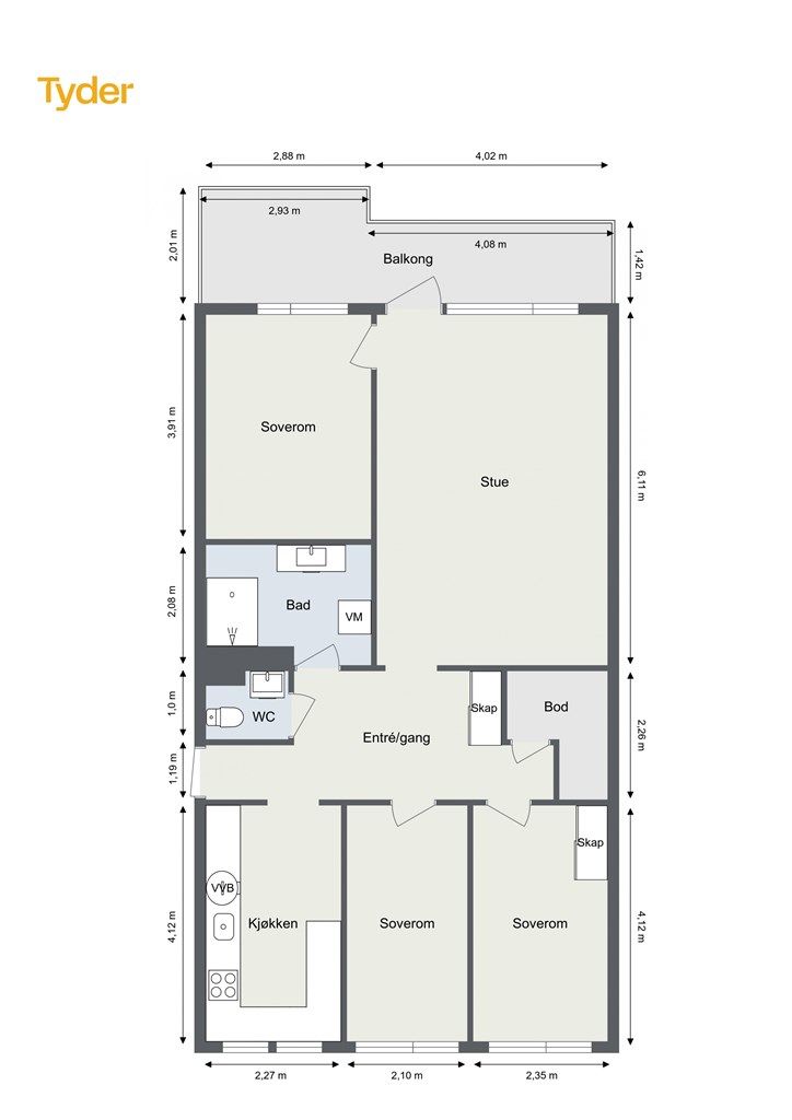 Plantegning.  Leiligheten ligger i 1. etasje med trappefri adkomst. 