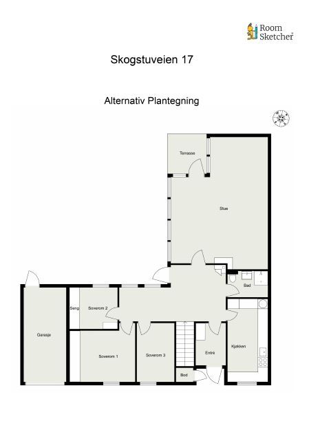 Alternativ plantegning for 1. etasje vist med soverom i stedet for spisestue (opprinnelig planløsning)