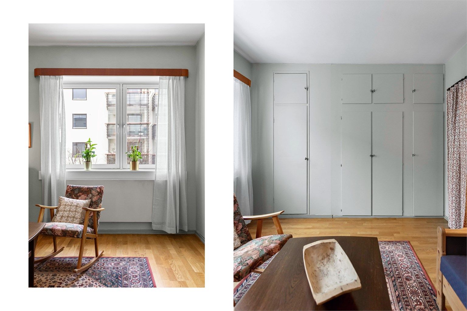 Rommet har god plass til seng med tilhørende nattbord, og langs veggen finner du praktiske, innebygde garderobeskap med gode oppbevaringsmuligheter.