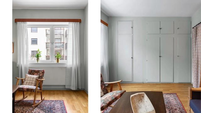 Rommet har god plass til seng med tilhørende nattbord, og langs veggen finner du praktiske, innebygde garderobeskap med gode oppbevaringsmuligheter.