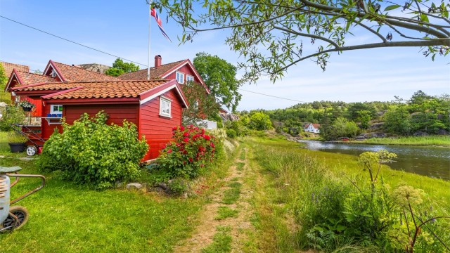 En sti følger vannkanten på deler av eiendommen. Stien går videre inn til andre eiendommer lengre inn på halvøya.