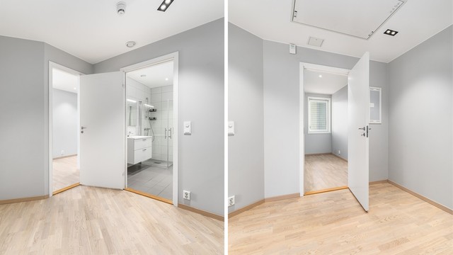 Badet og soverom II er begge tilknyttet entreen, som kan lukkes av mot stuen.