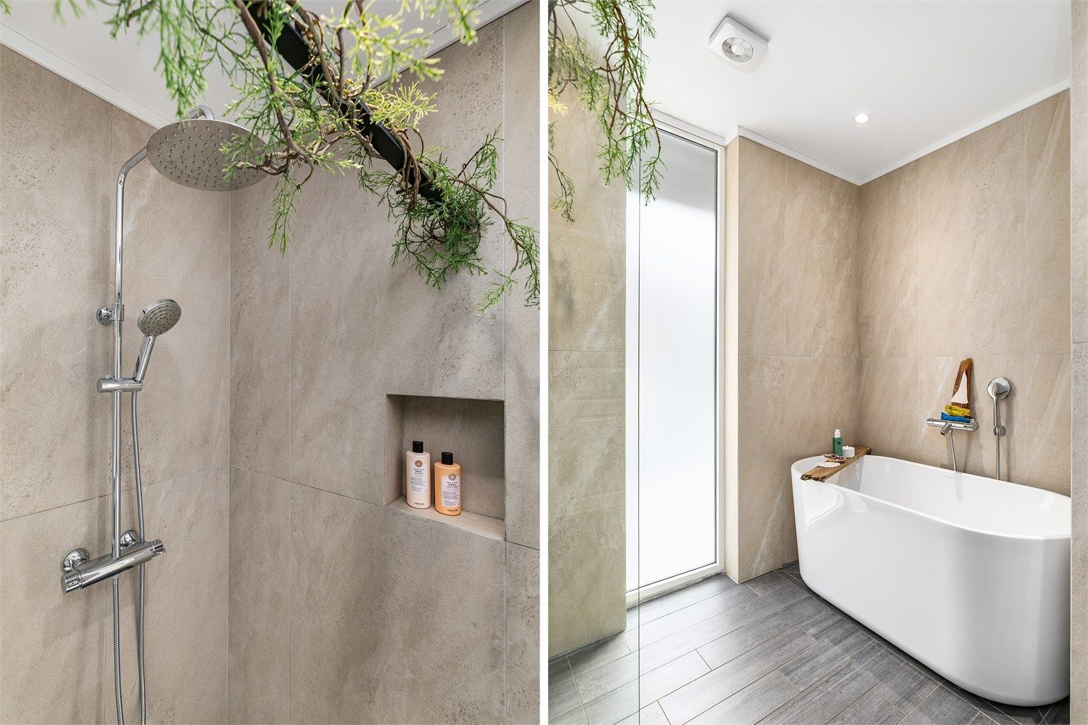 Med både badekar og dusjhjørne byr badet på valgfrihet.