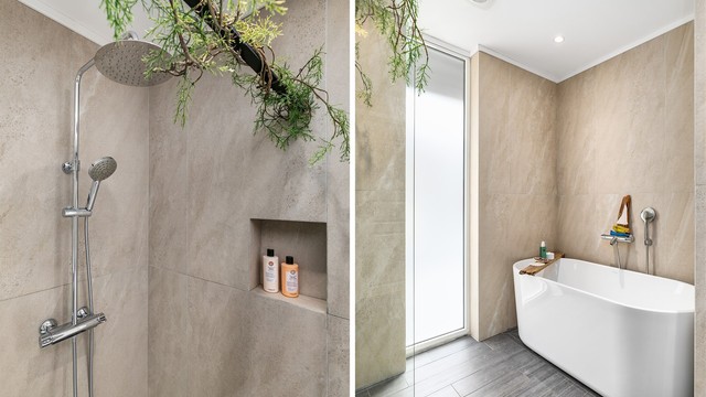 Med både badekar og dusjhjørne byr badet på valgfrihet.