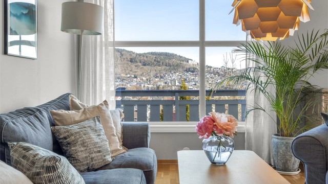 Fra stuen har du en levende utsikt over Drammen som endrer seg med årstidene.