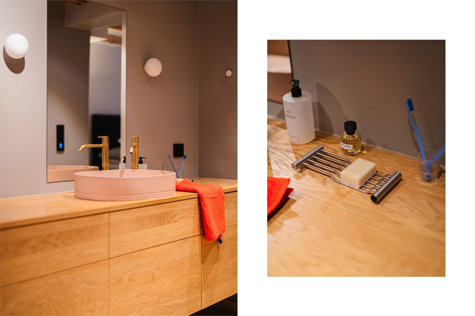 Delikate materialvalg og toppmontert skålservant gir et moderne uttrykk.