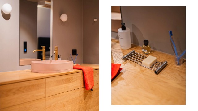 Delikate materialvalg og toppmontert skålservant gir et moderne uttrykk.