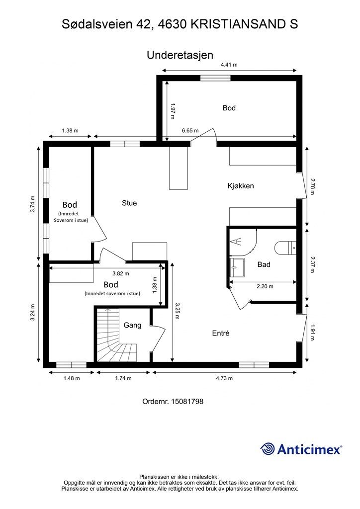 Kjeller/Hybel - 2D plantegning med mål