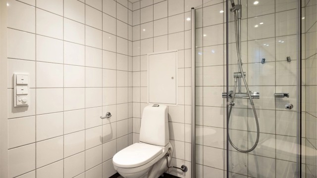 Dusjhjørnet har svingbare glassdører som frigjør gulvplass når dusjen ikke er i bruk.