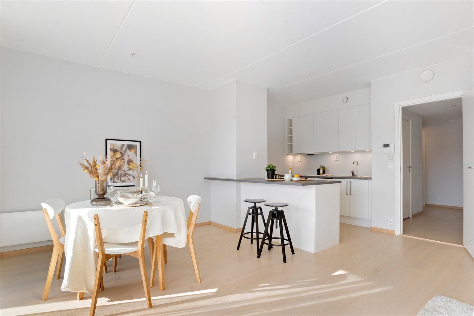 Oversikt over den sosiale sonen med stue og kjøkken i ett.