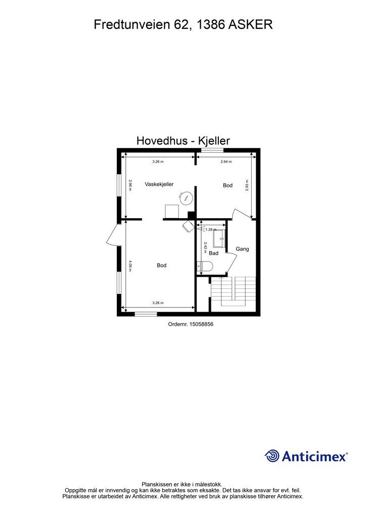 Plantegning kjelleretasje hovedhus (ikke omsøkt/godkjent til varig opphold).