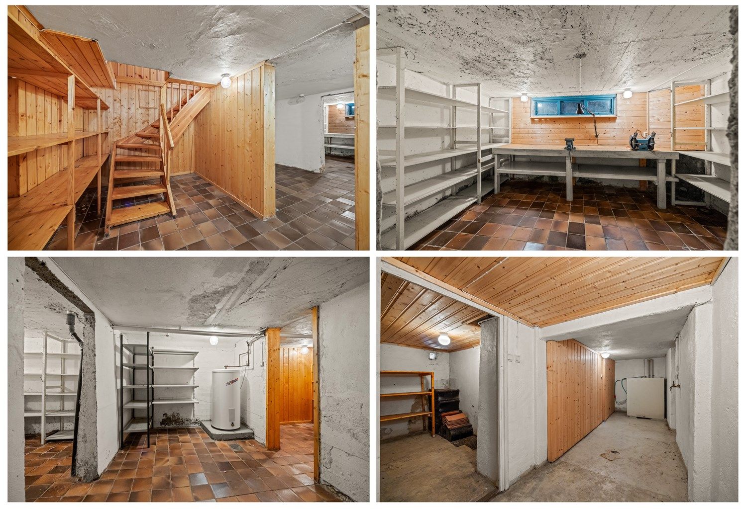Kjelleren har fire separate boder med god plass til lagring og arbeidsbenk.