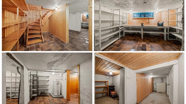 Kjelleren har fire separate boder med god plass til lagring og arbeidsbenk.