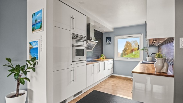 Innredning med glatte fronter, integrert stekeovn og ventilator i stål.