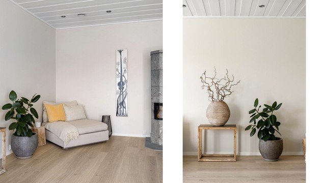 Den romslige stuen har en fleksibel planløsning med god plass til både sofagruppe og en hyggelig spisesone.