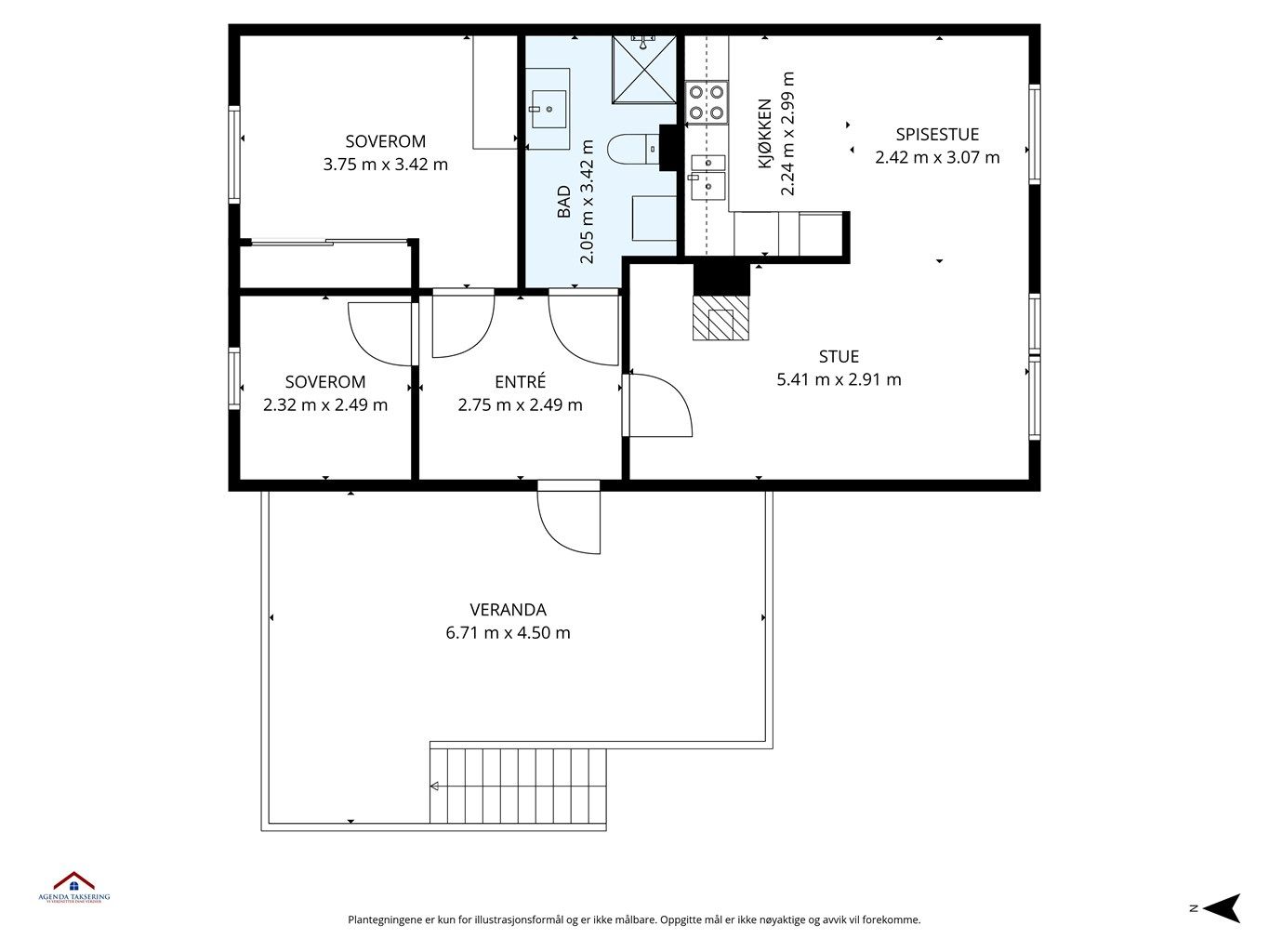 Plantegning med innvendige mål og himmelretning. 