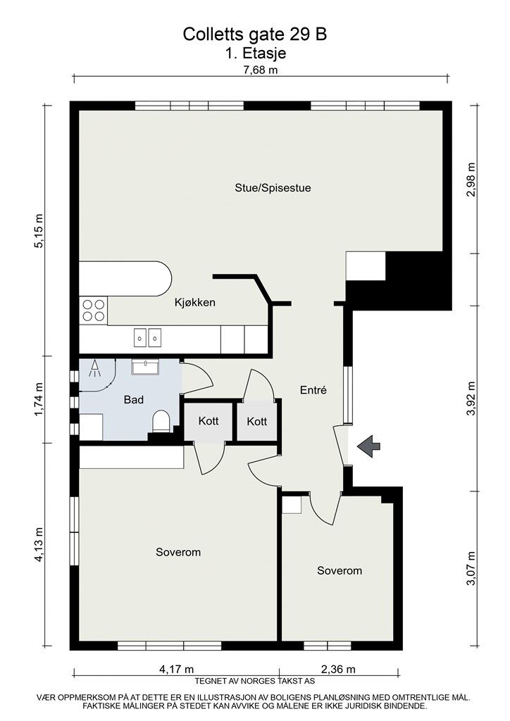 Plantegning. Gjennomgående leilighet med vinduer i tre retninger og god planløsning.