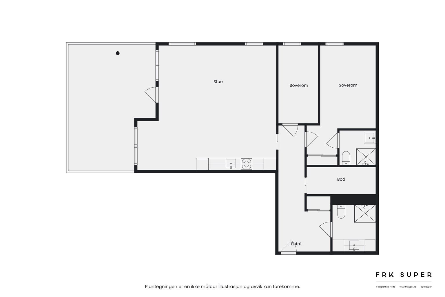 Planskisse av leiligheten. Meget god planløsning med blant annet to helflisede bad/wc, 2 soverom og stor stue med kjøkken. Areal leilighet 95 m² BRA-i.