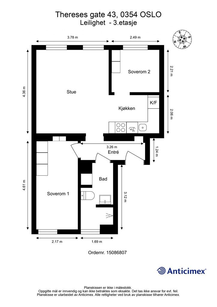 Plantegning-3.etasje. Det er godkjent utbygging av balkong fra soverom nr 1 mot bakgård