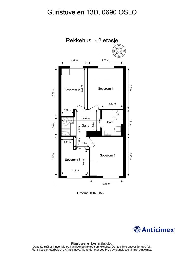 Plantegning: 
Andre etasje er en privat sone med fire soverom og et bad, ideelt for en familie.