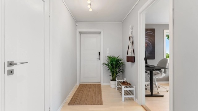 Inngangsparti i underetasjen med adkomst til flere rom.