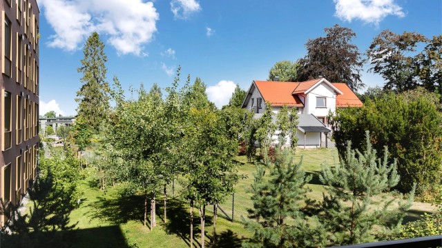 Utsikt over grønne og pent opparbeidet fellesarealer.