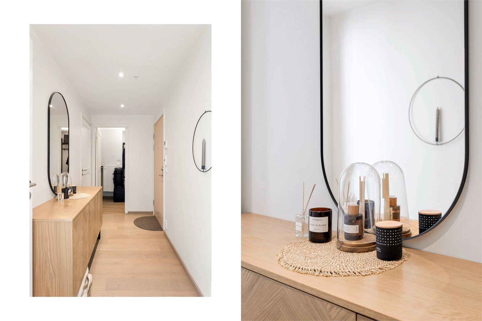 Innbydende entré med innfelte downlights og plass til oppbevaringsmøbler.