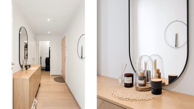 Innbydende entré med innfelte downlights og plass til oppbevaringsmøbler.