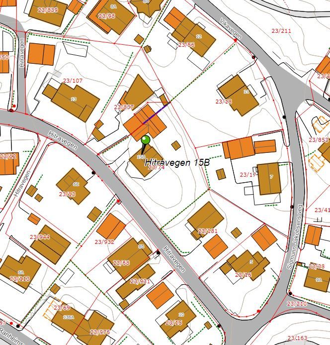 Tomtekart Hitravegen 15 B - Tomten ligger på et lite høydedrag i Hitrafjæra-  Tomten har et spennende potensiale. 