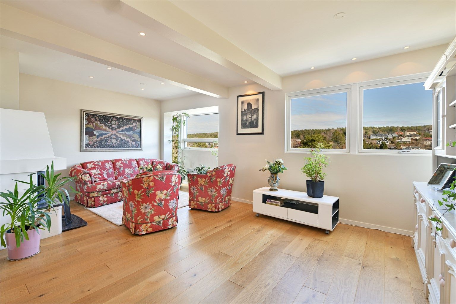 Stue - lys og luftig stue med pent utsyn og ingen innsyn - peis