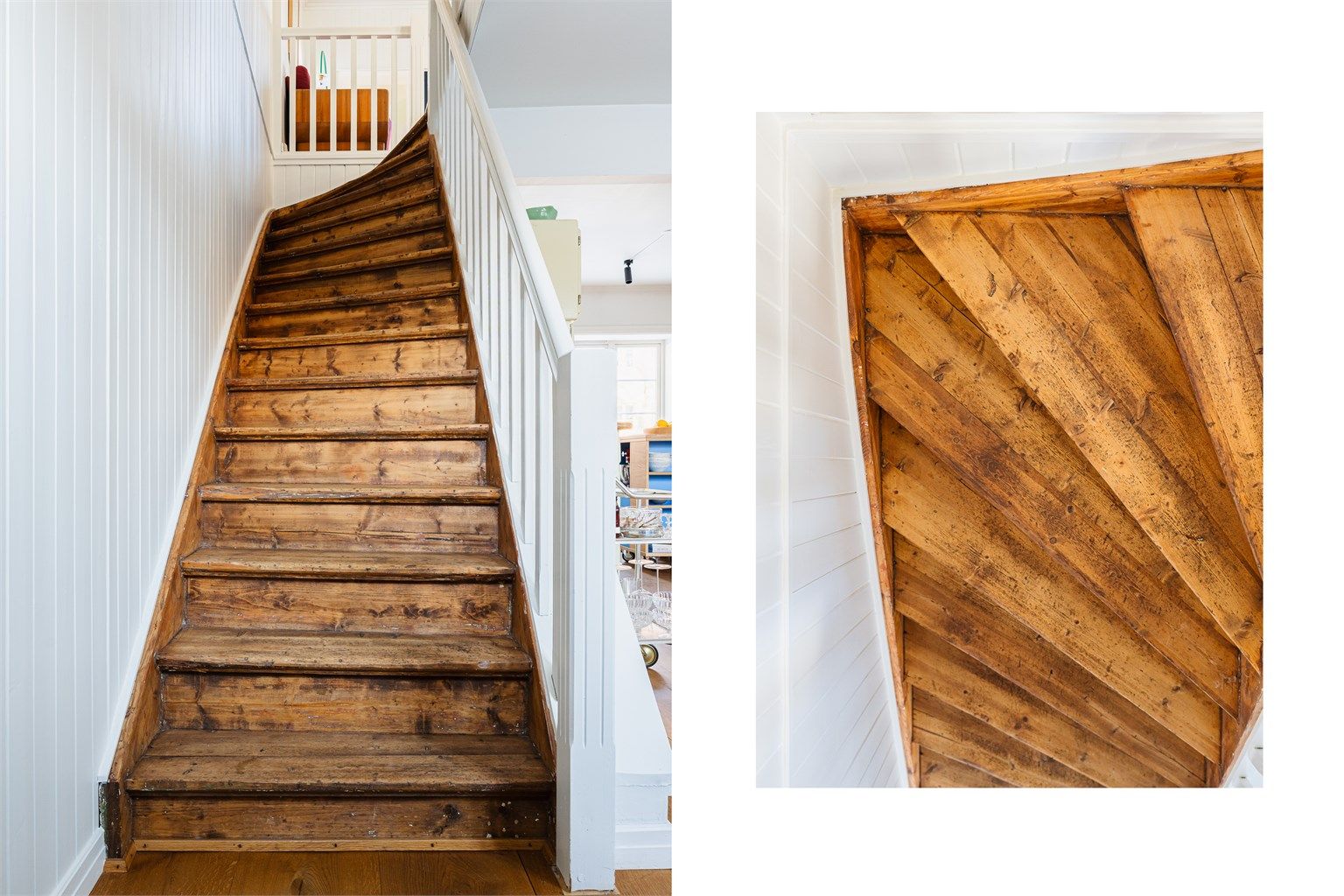 Tilbake inne i boligen binder originale tretrapper etasjene sammen.