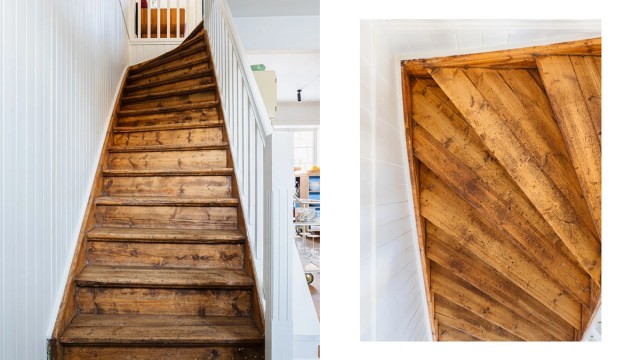 Tilbake inne i boligen binder originale tretrapper etasjene sammen.