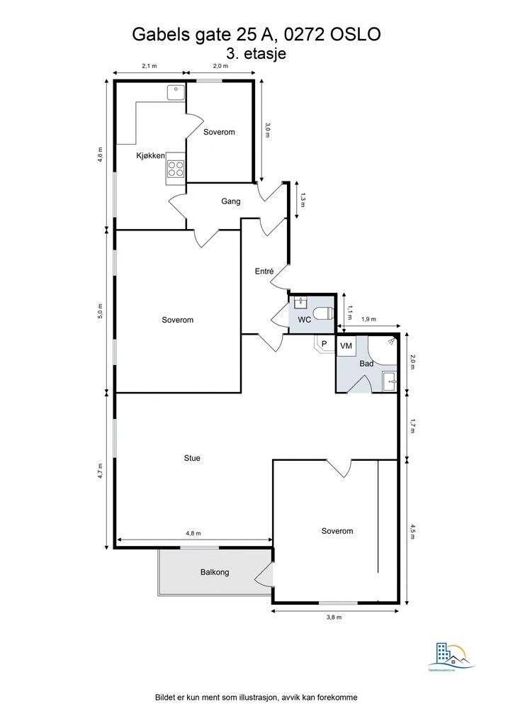 Leiligheten inneholder entré, stue, kjøkken, balkong, bad, toalettrom og 3 soverom. Det er god lagringsplass i kjeller- og loftsbod. 