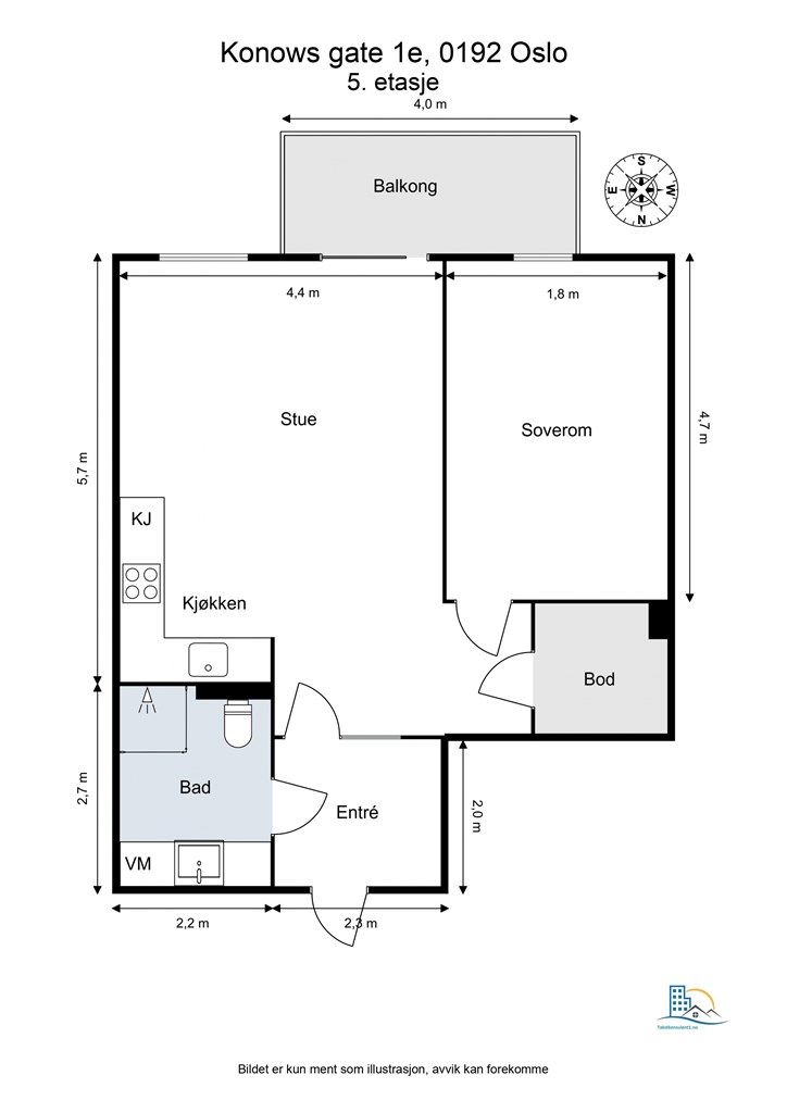 Leiligheten inneholder entré, stue/kjøkken, balkong, bad og soverom av god størrelse. 