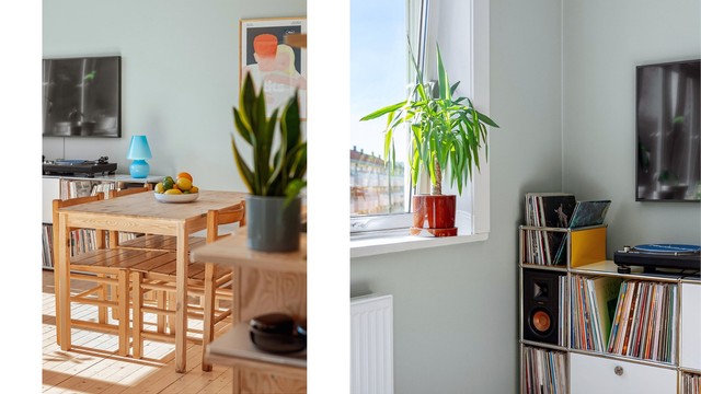 Store vindusflater og gjennomtenkte materialvalg preger leiligheten.