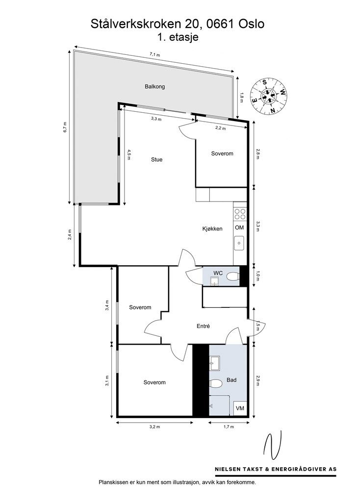 Leiligheten har en gjennomtenkt planløsning på 78 m² med tre soverom, bad og separat toalettrom.