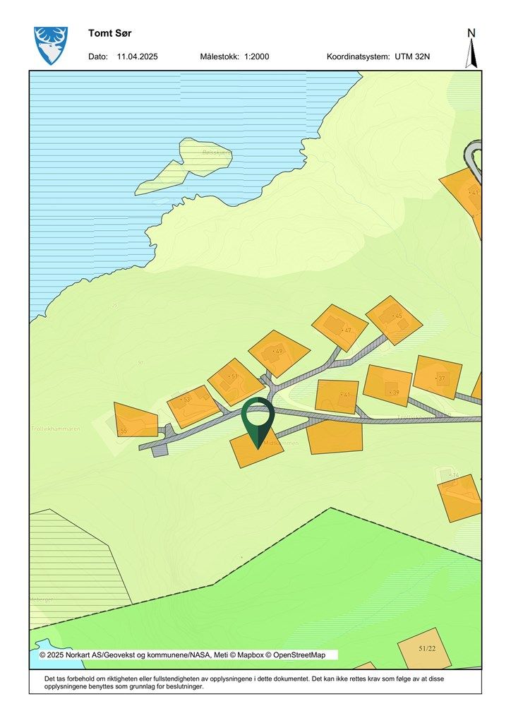 Tomtekart med avmerket tomt Sør