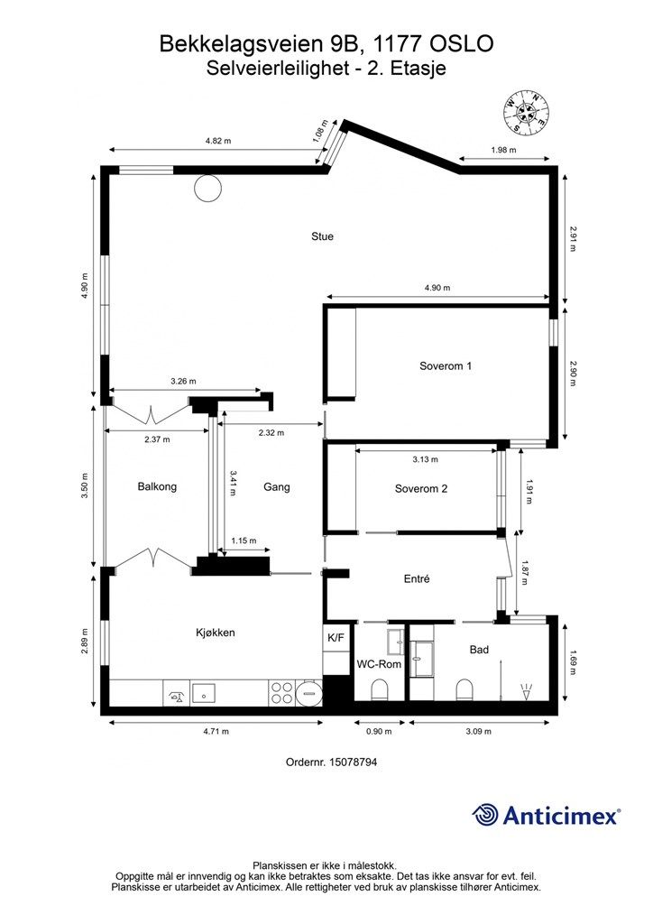 Leiligheten har en arealeffektiv planløsning med to soverom, stue, kjøkken og en vestvendt balkong.