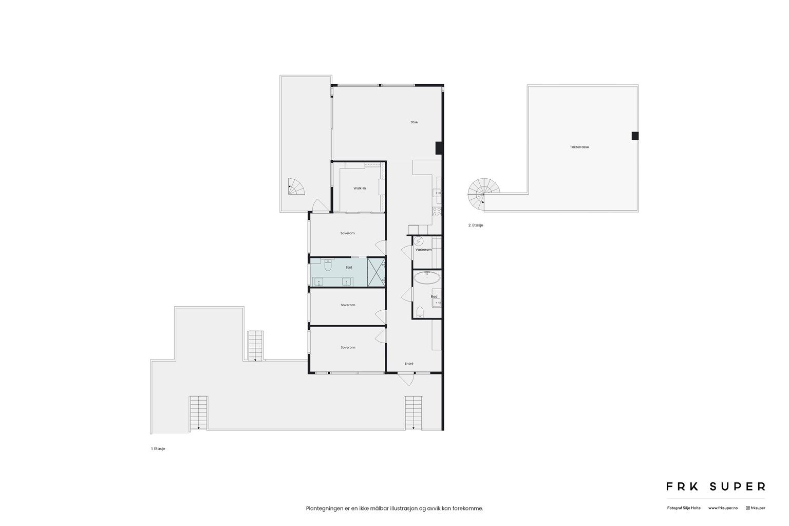 Planskisse av innvendig areal og utvendig areal eksklusivt tilhørende denne leiligheten  - Leiligheten har en gjennomtenkt og meget god planløsning. God størrelse på alle rom samt meget store egne utearealer inklusiv takterrasse/ totalt 96 m²