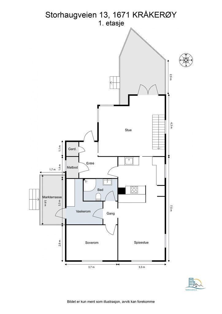 Veiledende planskisse av husets 1. etasje