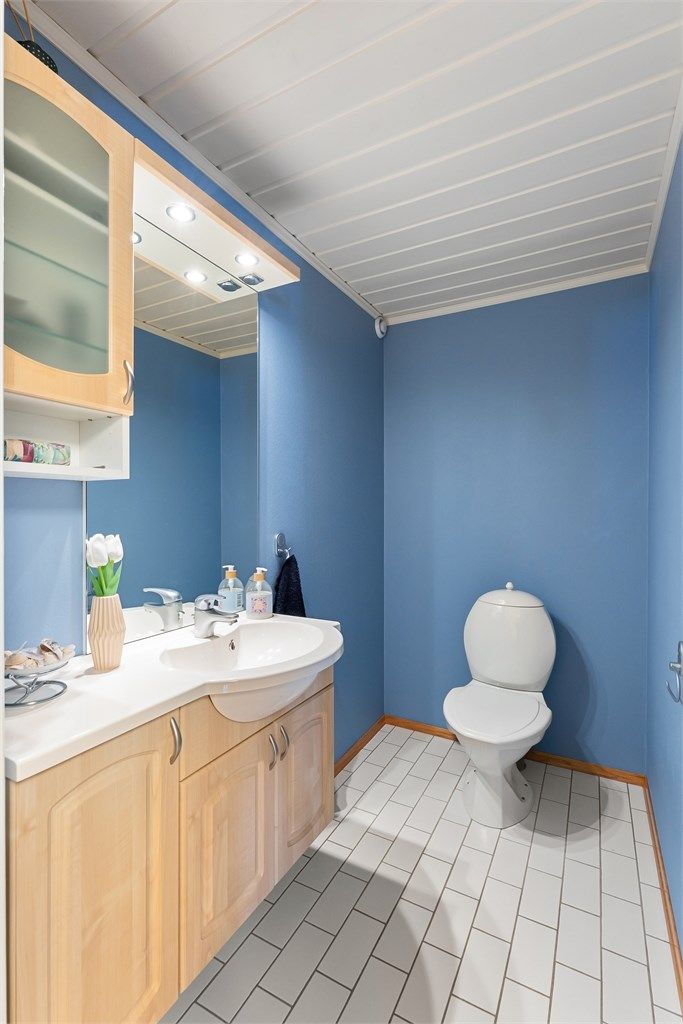 Separat toalettrom i underetasjen, innredet med servant og gulvstående toalett.