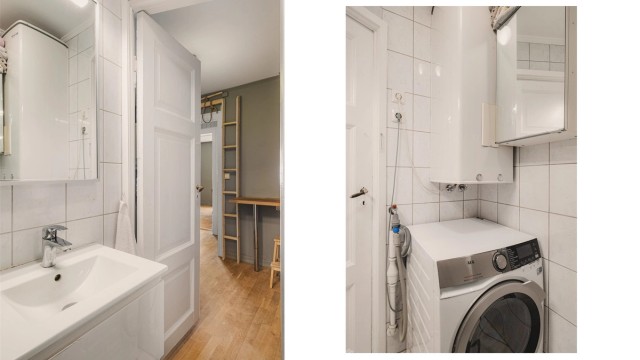 Badet har dusjhjørne med innfellbare dører og opplegg for vaskemaskin. Her er også varmvannsberederen plassert.
