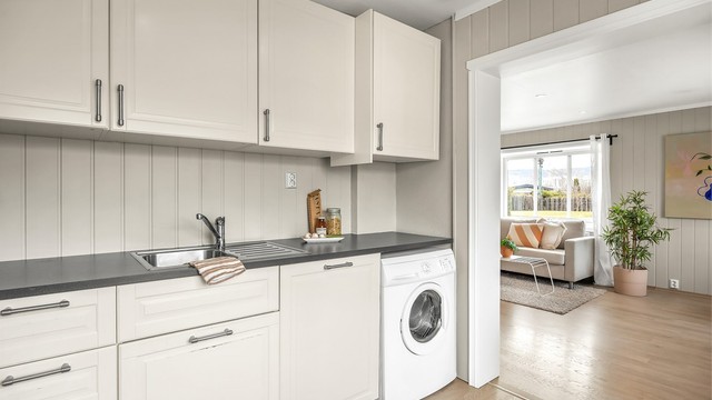 Opplegg for frittstående kjøle-/fryseskap og vaskemaskin.